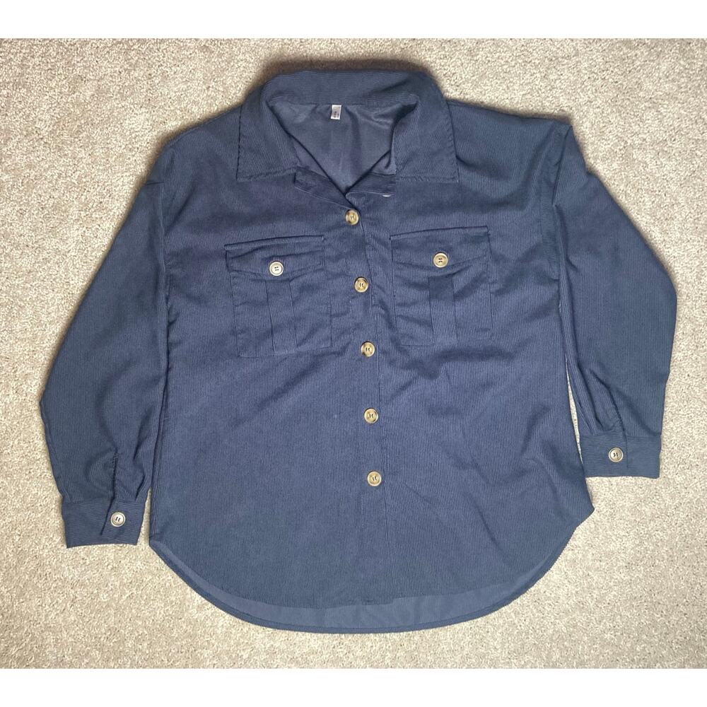 Men's Large Shirt Button Up Collared Blue Long Sleeve Corduroy Polyester
